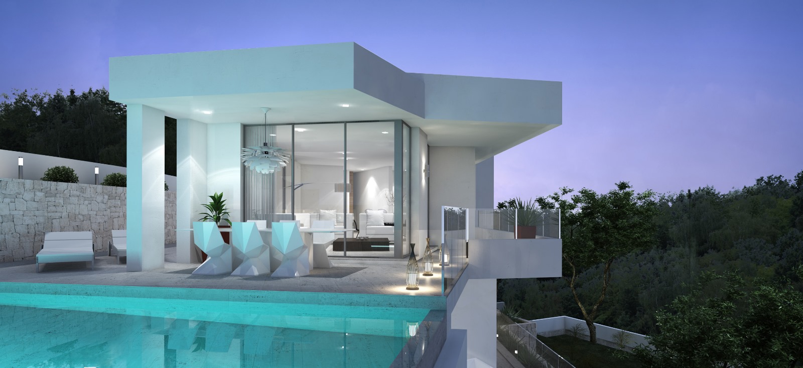 Terraza superior con piscina infinita, mobiliario de diseño geométrico y amplios ventanales que integran el salón con el entorno natural al atardecer.