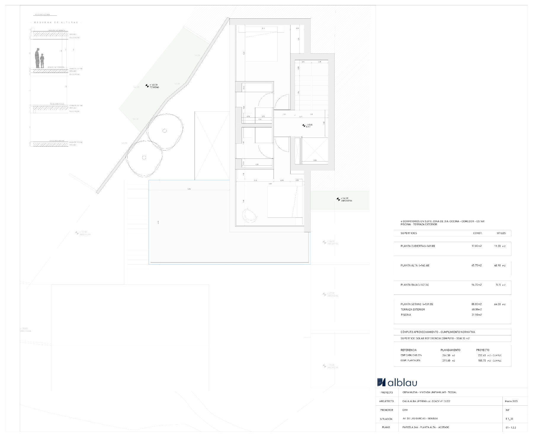 Plano arquitectónico muestra la distribución de la villa, jardines y alturas del terreno.