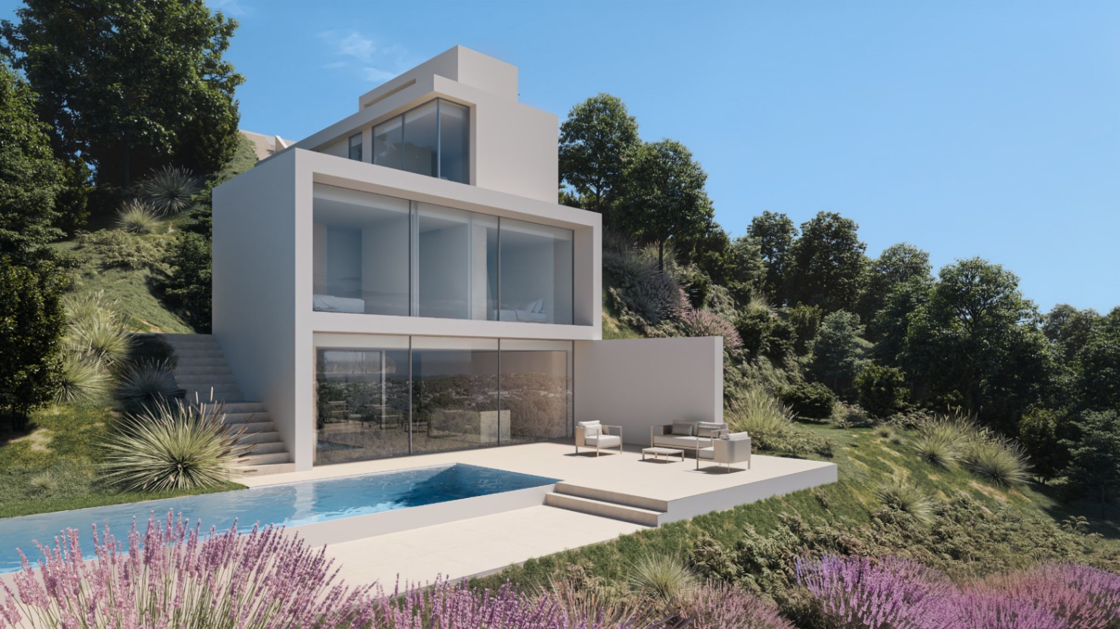 Vista exterior de villa moderna con piscina infinita y terraza con mobiliario minimalista en ladera ajardinada.