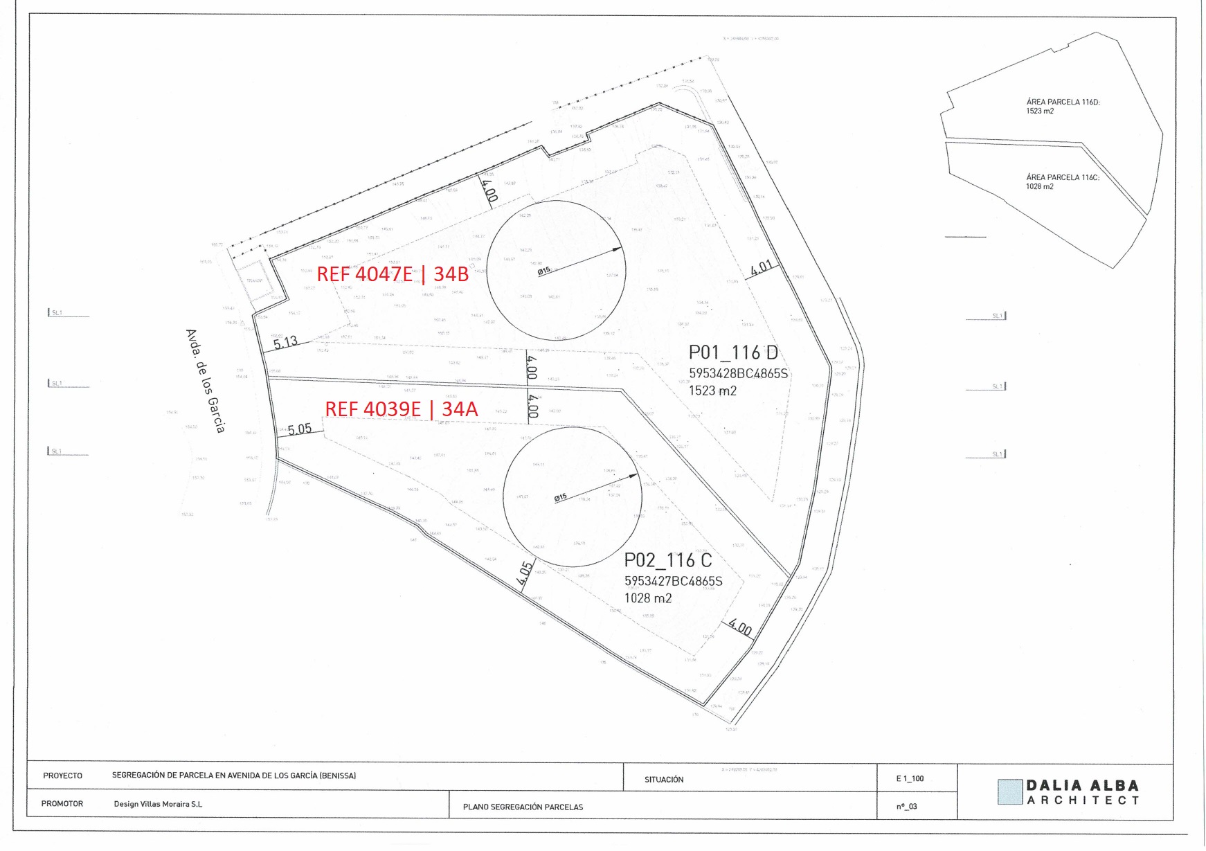 Plano técnico de segregación de parcelas en Avenida de los García, detallando dos lotes de 1523 m² y 1028 m² con sus dimensiones y referencias catastrales.