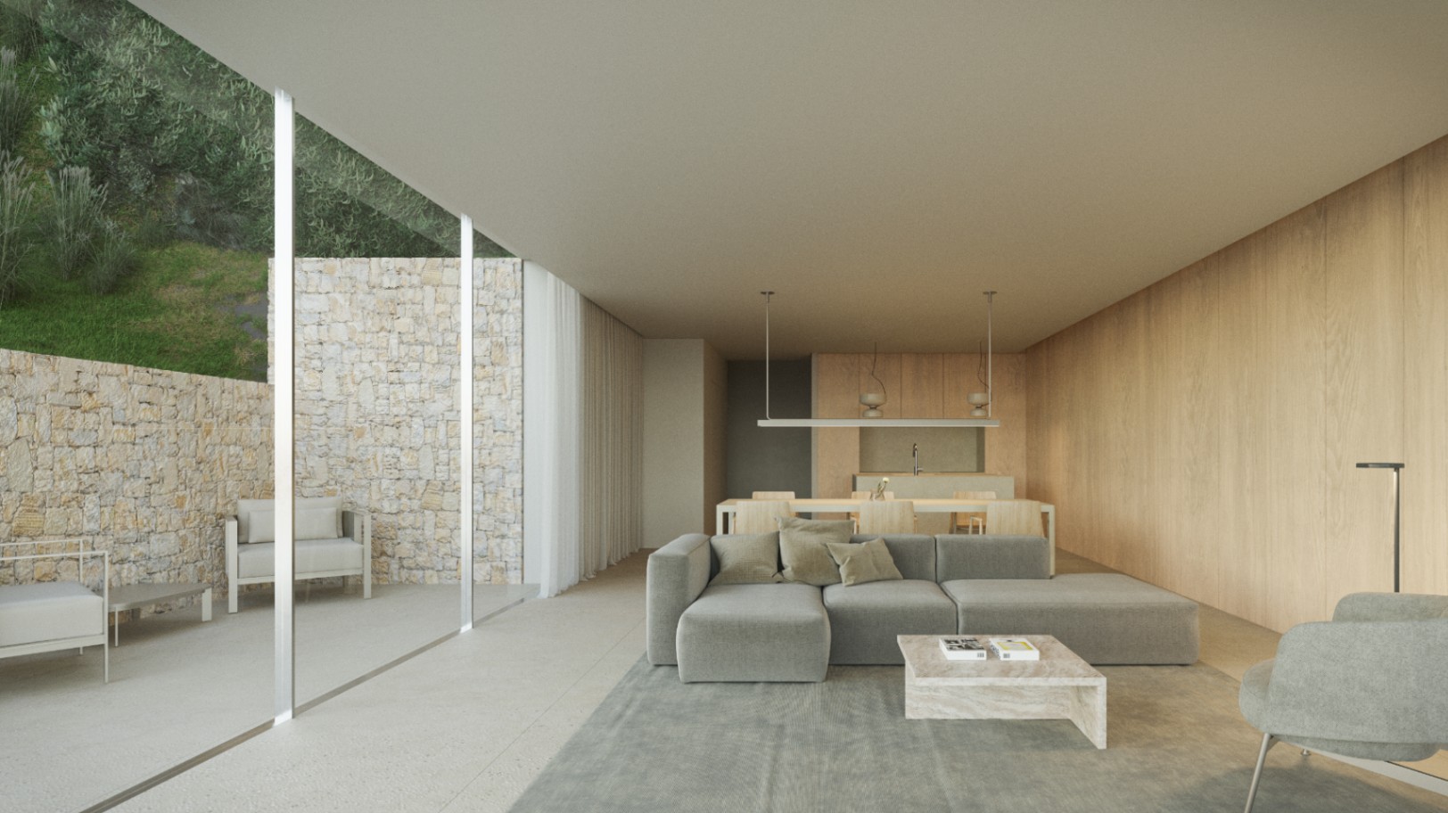 Salón de concepto abierto con paredes paneladas en madera, mobiliario minimalista y ventanales de suelo a techo que conectan con un patio de piedra natural.