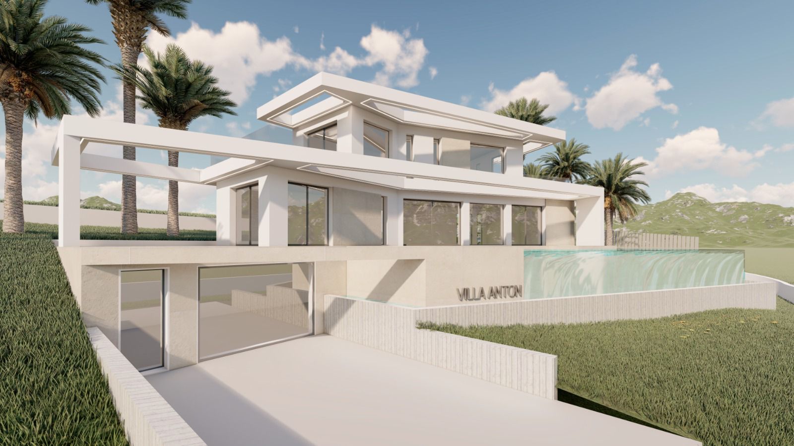 Exterior moderno de villa con piscina infinita y palmeras, bajo cielo azul con nubes.