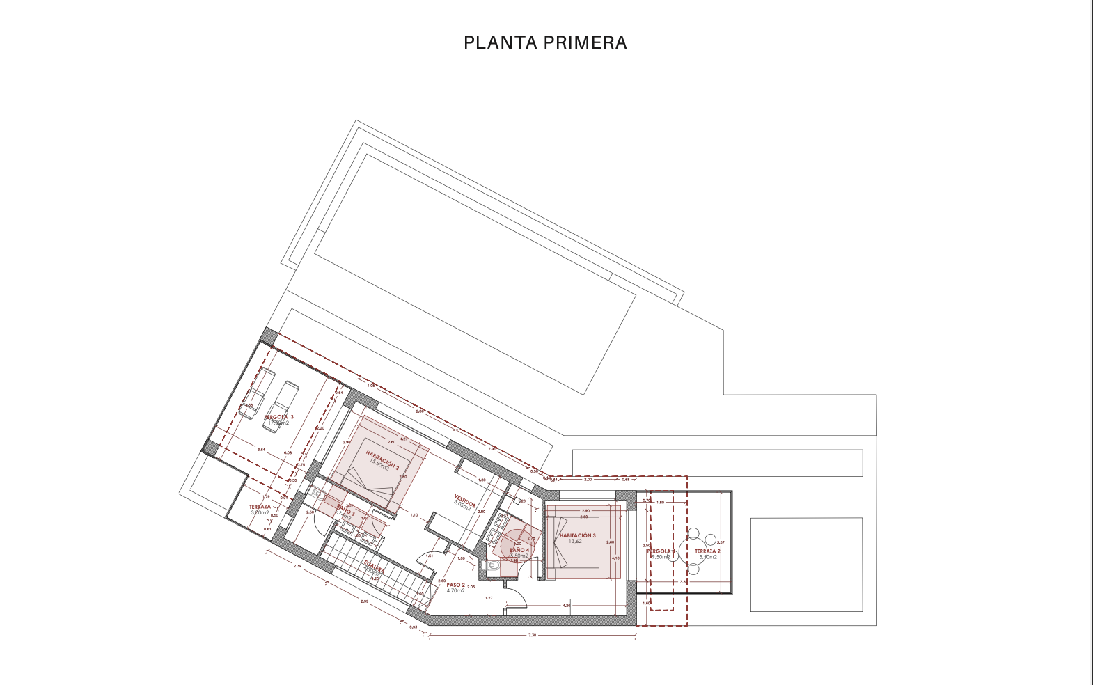 Plano arquitectónico de la primera planta que muestra habitaciones, baños, terrazas y distribución general.