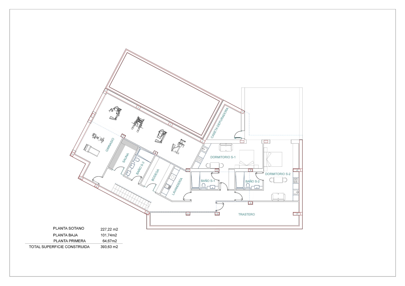 Plano arquitectónico detallado del sótano con gimnasio, sauna y dormitorios.