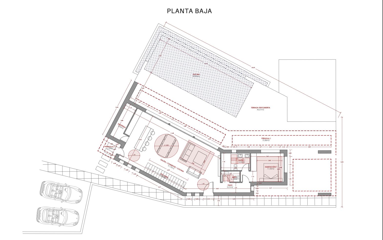 Plano de planta baja que muestra la distribución del salón/comedor/cocina, dormitorio, baño y piscina.