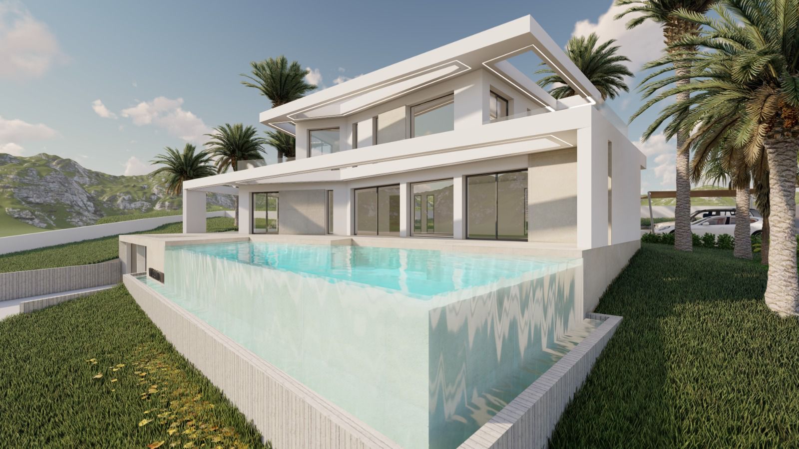 Vista exterior de villa moderna con piscina infinita y diseño minimalista, rodeada de palmeras y vegetación.