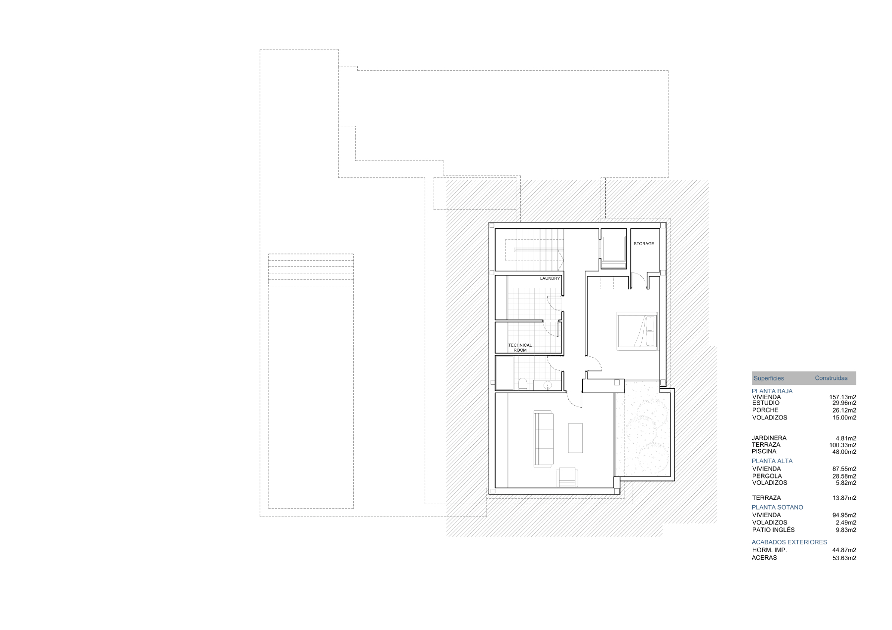 Plano detallado de la planta sótano que incluye lavandería, sala técnica, trastero y un amplio estudio con patio inglés para ventilación y luz natural.
