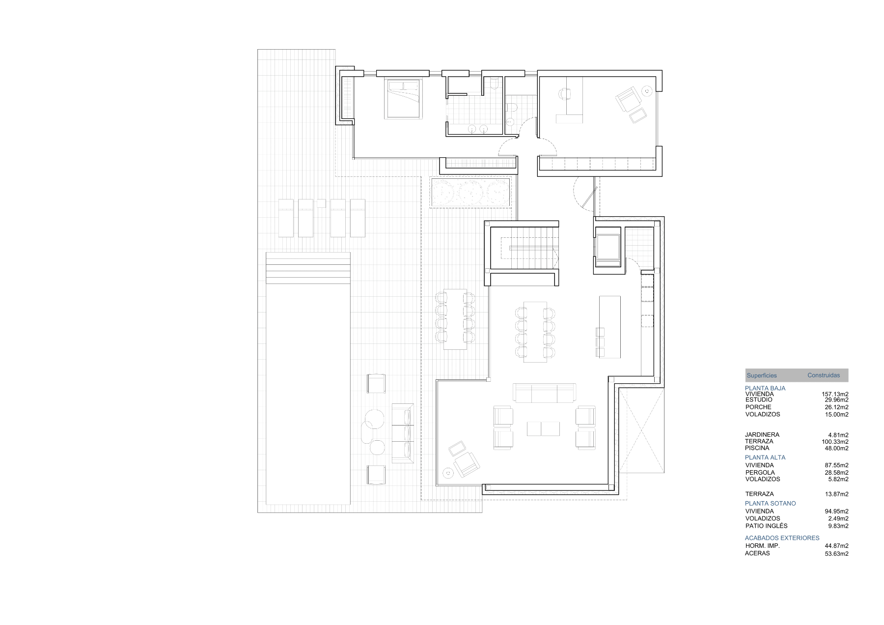Plano técnico de la planta baja con distribución de salón-comedor, cocina, dormitorio y zona exterior de piscina con tabla de superficies detallada.