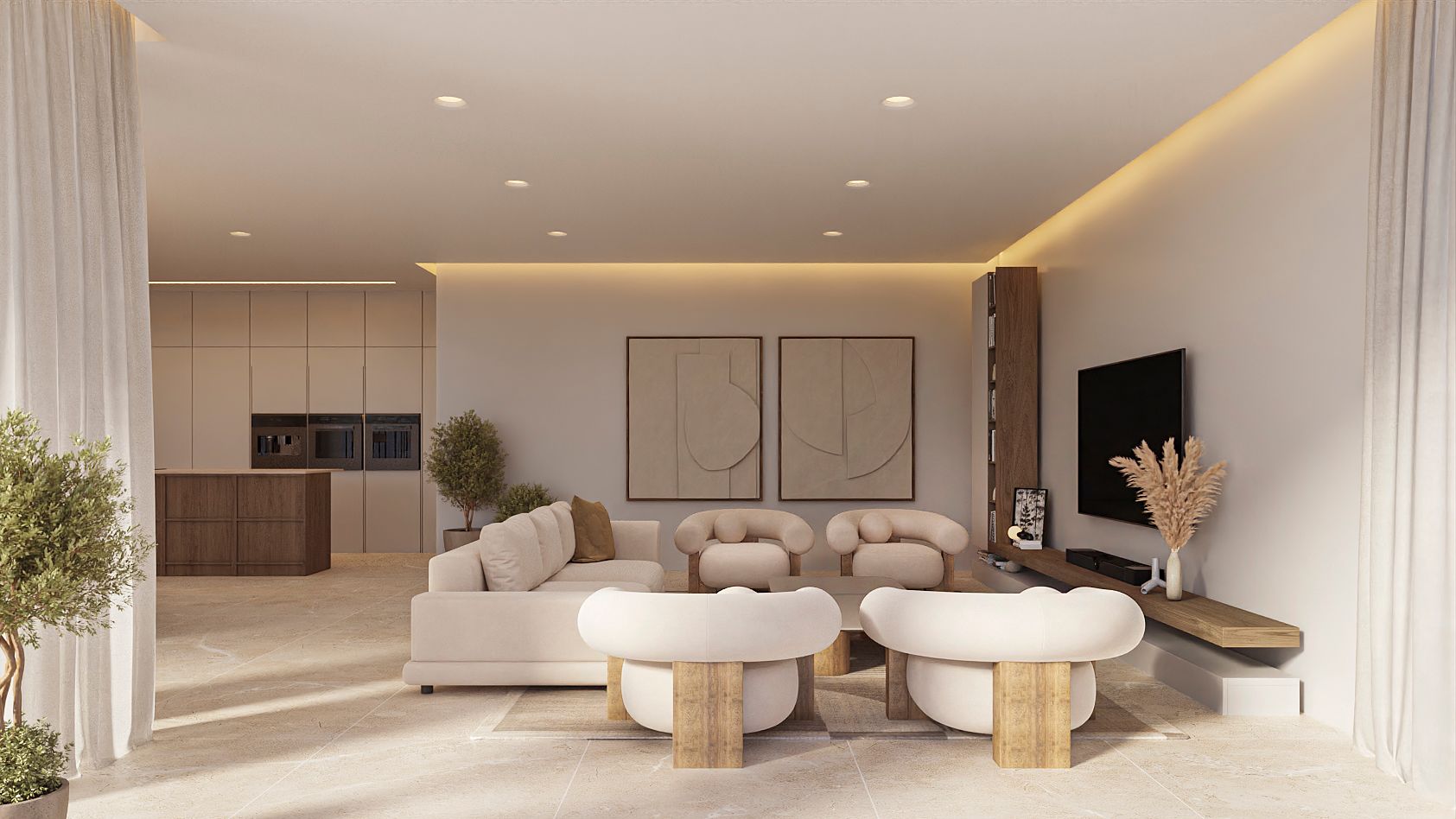 Salón de planta abierta con mobiliario contemporáneo en tonos neutros, iluminación LED perimetral y cocina integrada con isla de madera al fondo.