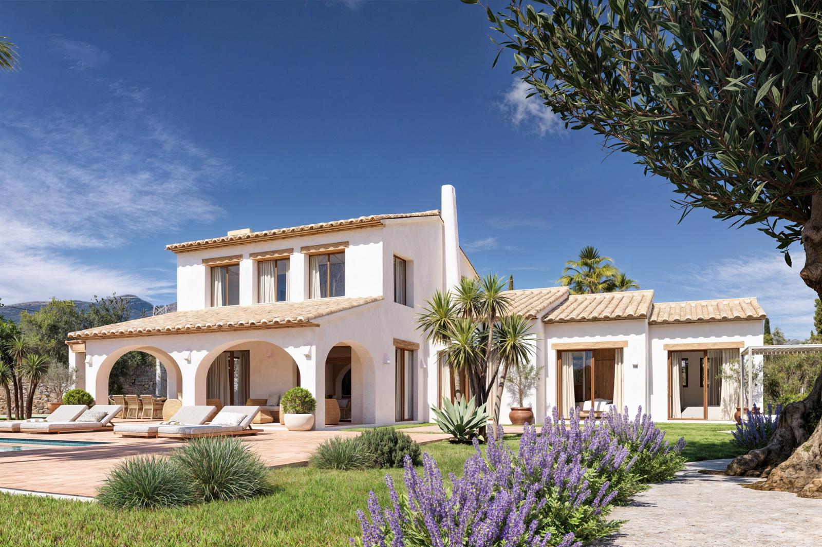 Fachada exterior de estilo rústico mediterráneo con arcos tradicionales, jardines de lavanda y olivos, y una amplia terraza de terracota junto a la piscina.