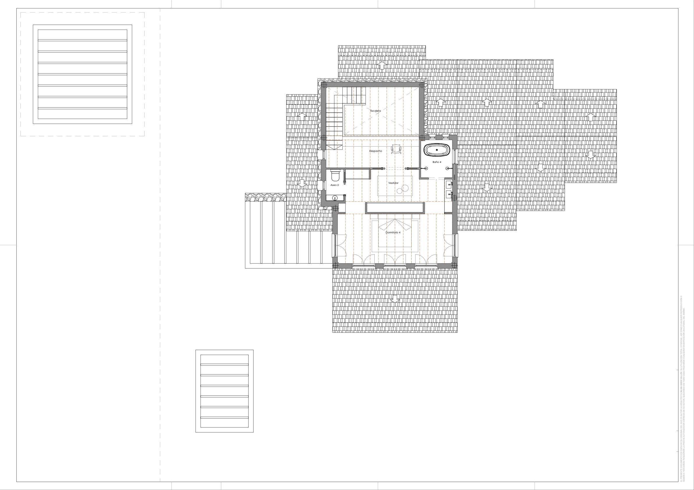 Plano técnico de la planta superior que muestra la distribución del dormitorio 4 con vestidor, baño en suite, zona de despacho y acceso por escalera.