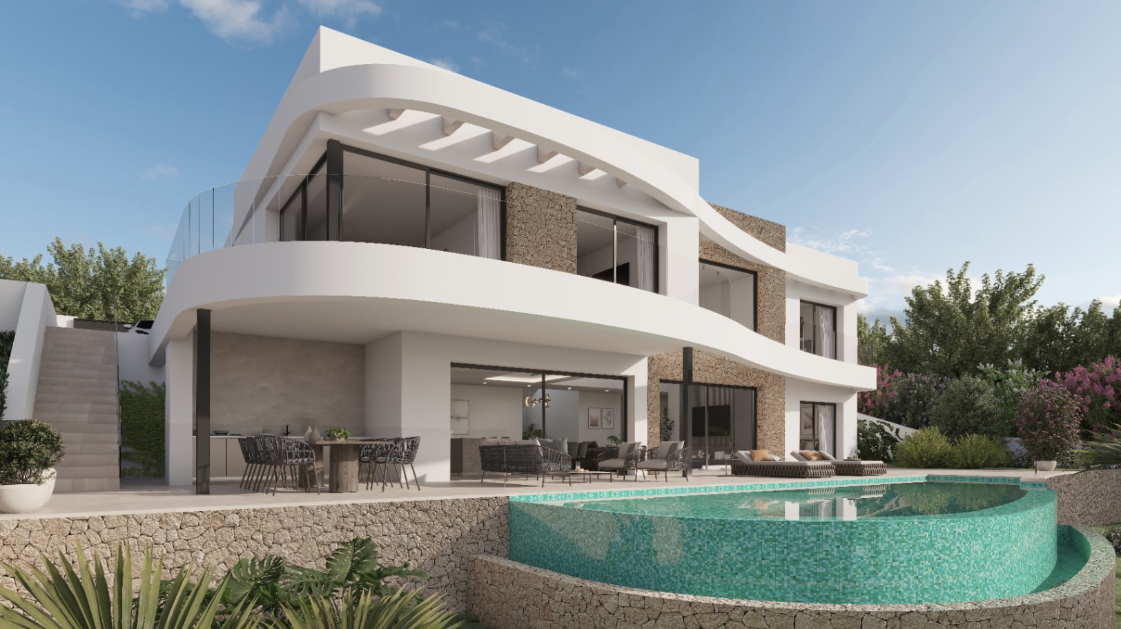 Fachada moderna con líneas curvas, revestimiento de piedra natural y una piscina orgánica de gresite turquesa integrada en una amplia terraza con zona lounge.