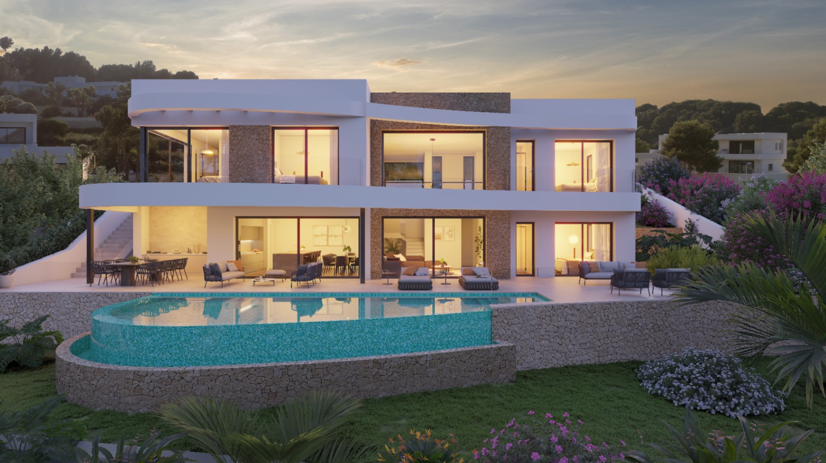 Vista exterior de la villa con fachada de piedra natural, piscina orgánica de mosaico y amplias terrazas iluminadas al atardecer.