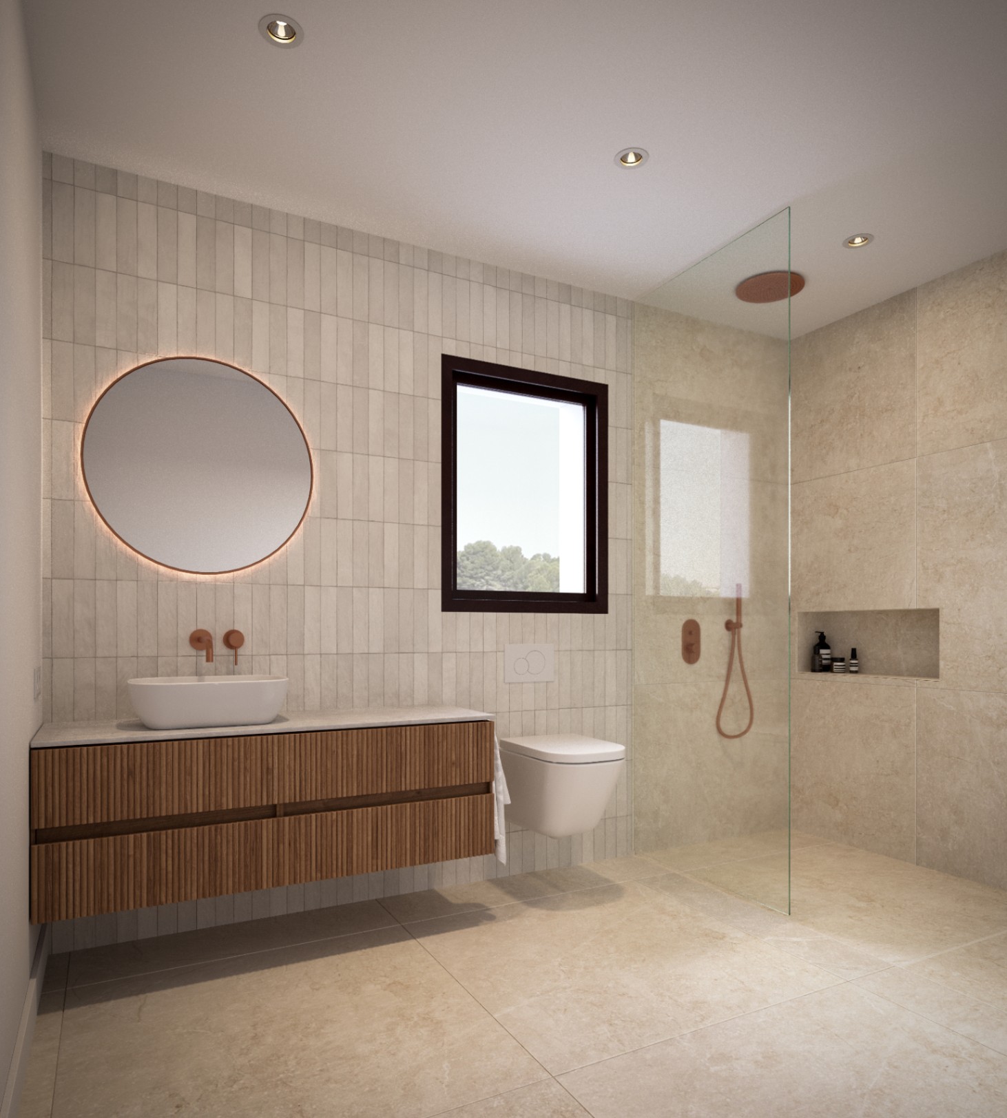 Baño moderno con mueble de madera alistonada, grifería en tono cobre y espejo circular retroiluminado. Incluye ducha italiana con mampara de cristal y revestimiento de piedra natural.
