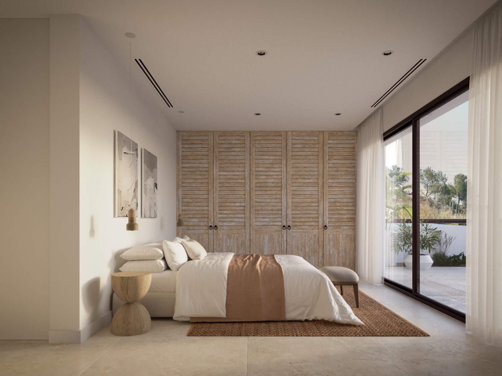 Dormitorio principal con armarios empotrados de madera decapada, suelos de piedra natural y acceso directo a la terraza mediante grandes ventanales.