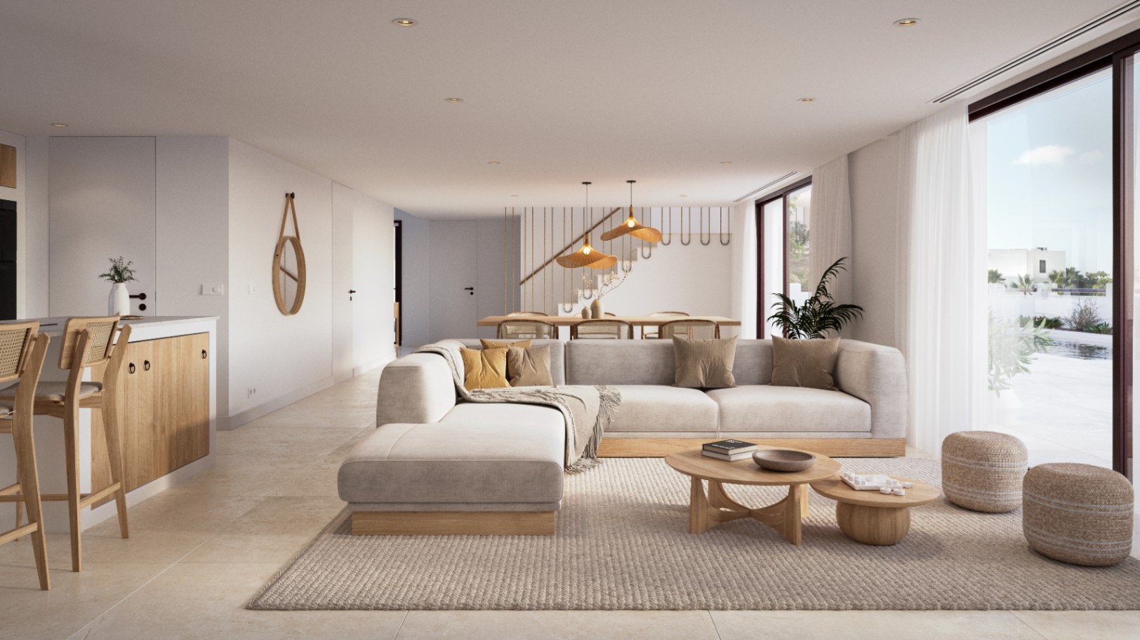 Salón de concepto abierto con mobiliario de madera natural, sofá modular y acceso directo a la terraza. Destaca la integración de la cocina y el comedor bajo una iluminación cálida.