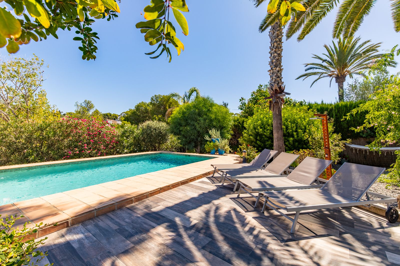 Piscina privada con borde de terracota y solárium de gres, equipada con cuatro hamacas y rodeada de un jardín mediterráneo con palmeras.