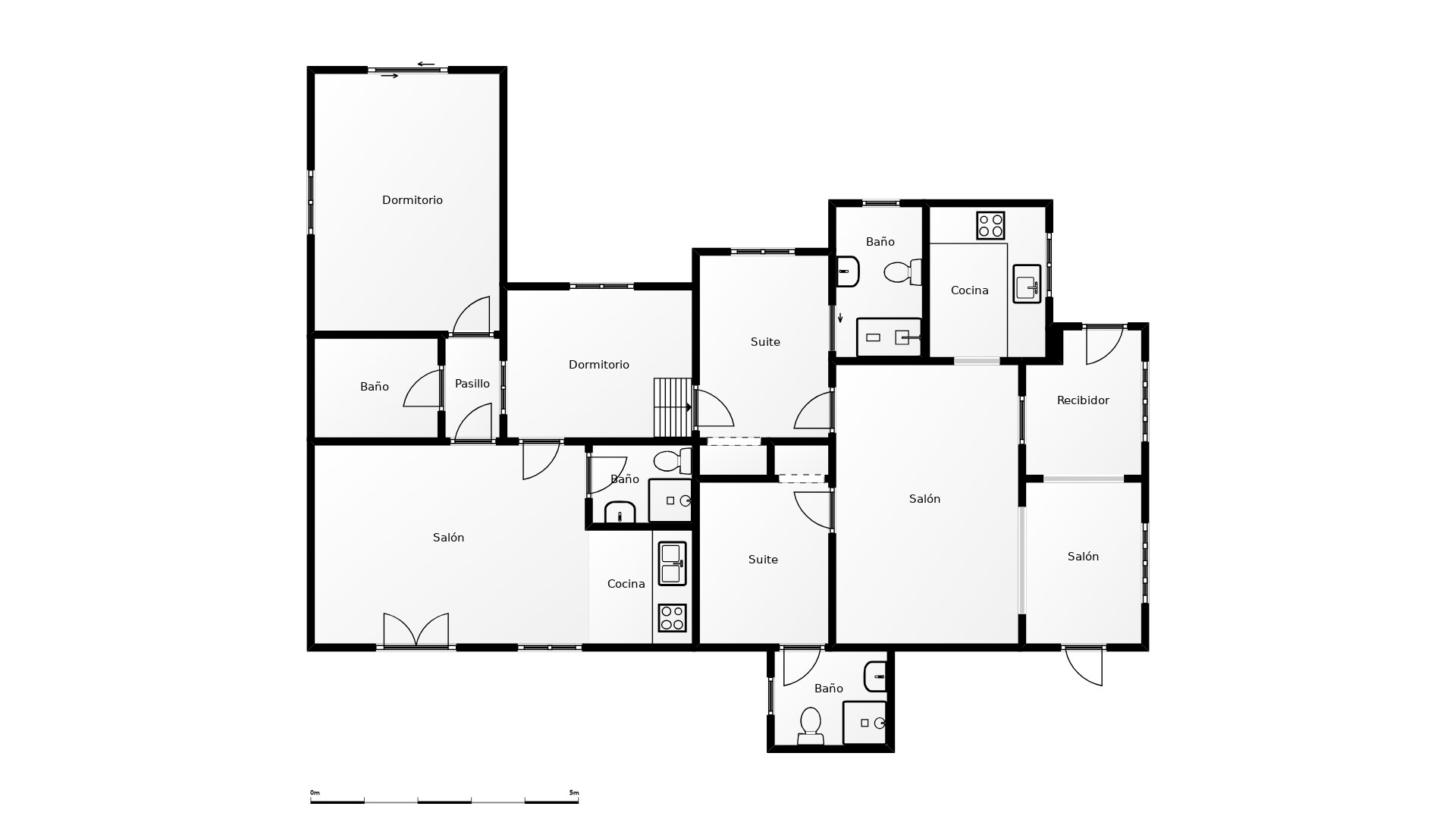 Plano detallado de la villa que muestra la distribución de los cuatro dormitorios, salones, cocinas y baños, incluyendo el apartamento independiente.