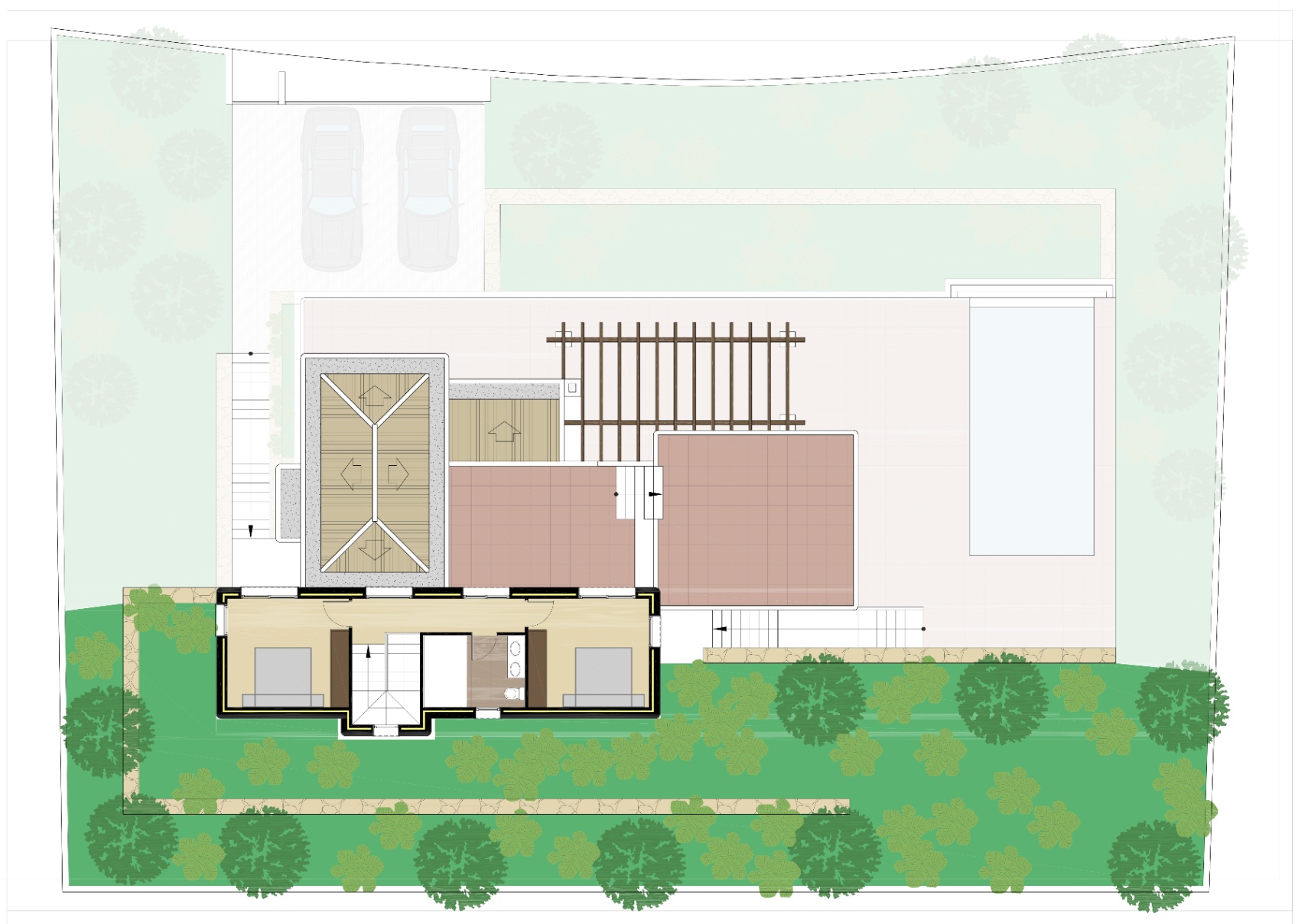 Plano arquitectónico detallado que muestra la distribución de la planta superior, la zona de piscina, la pérgola de la terraza y el aparcamiento privado.