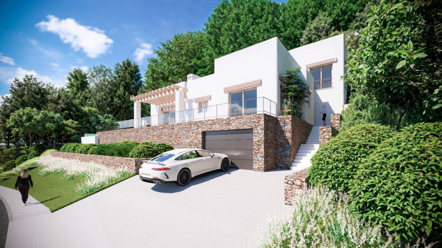 Vista exterior de la villa con fachada blanca, muros de piedra natural, garaje integrado y una amplia terraza con pérgola de madera rodeada de vegetación.