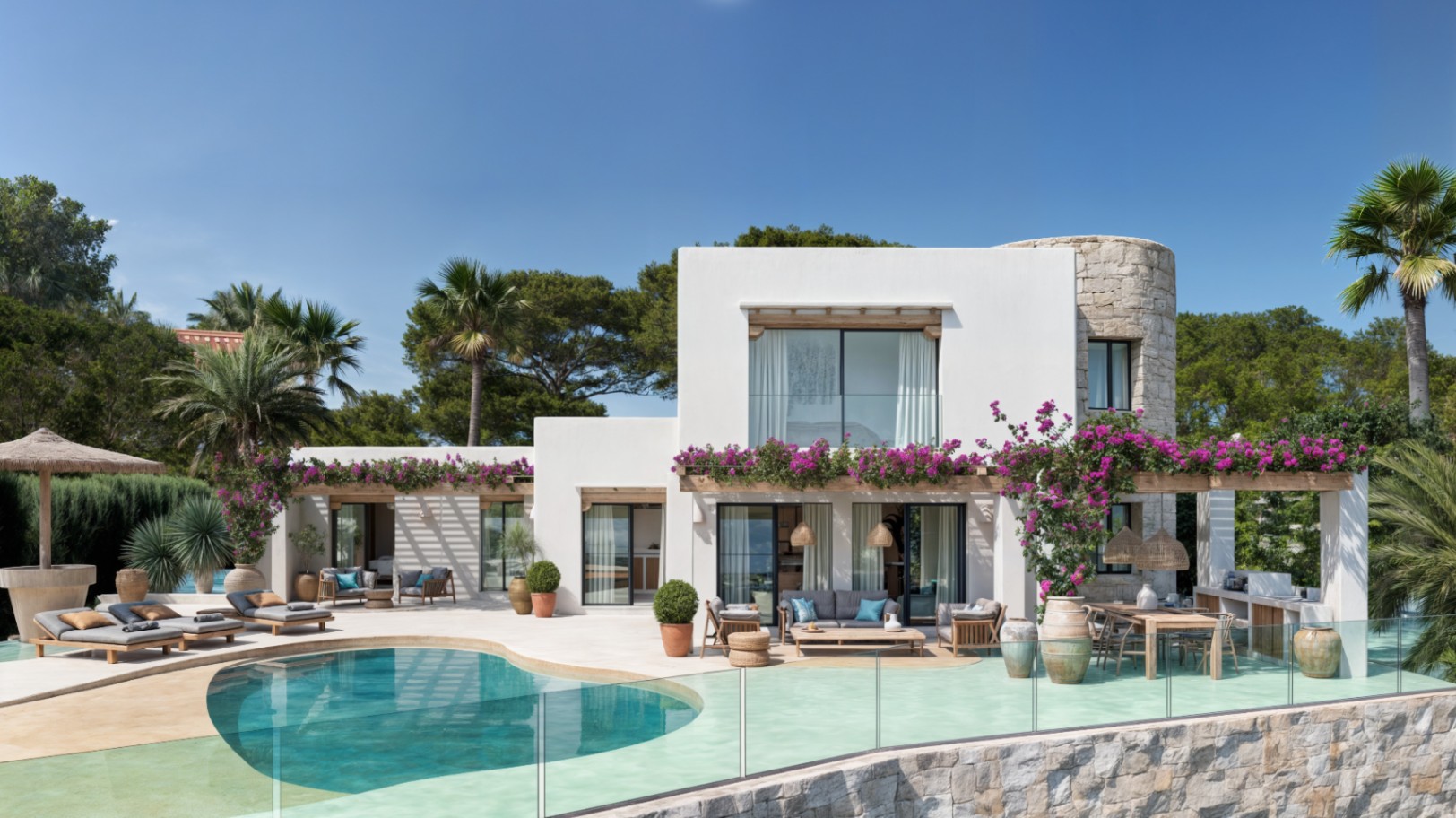 Exterior de villa ibicenca con piscina curva, torre de piedra y terrazas con pérgolas de madera y buganvillas, incluyendo zona de comedor exterior y cocina de verano.