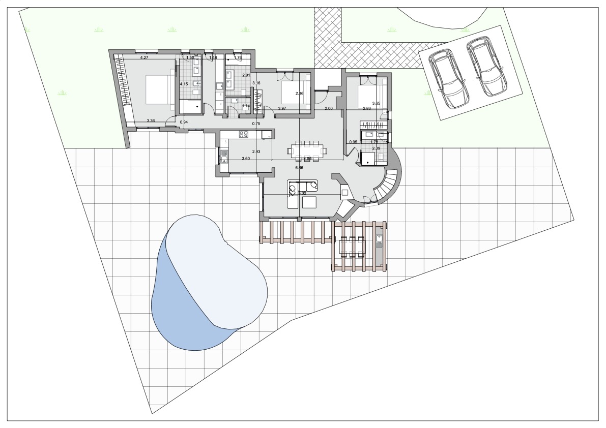Plano detallado de la planta principal que muestra la distribución de cuatro dormitorios con baño en-suite, zona social abierta y terraza con piscina y cocina de verano.