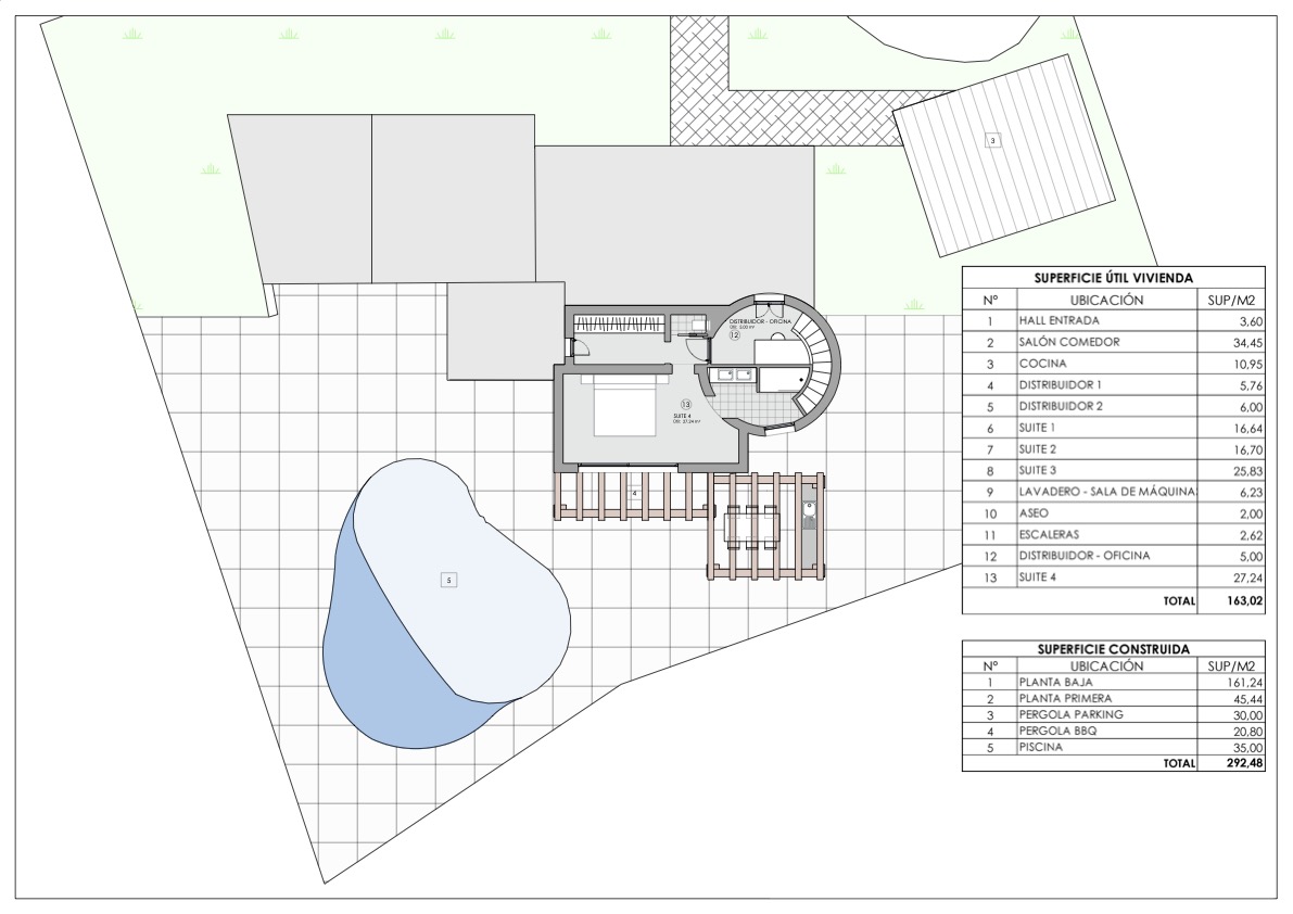 Plano técnico detallado que muestra la distribución de la planta alta con la Suite 4, oficina, terraza con pérgola y piscina, incluyendo tablas de superficies útiles y construidas.