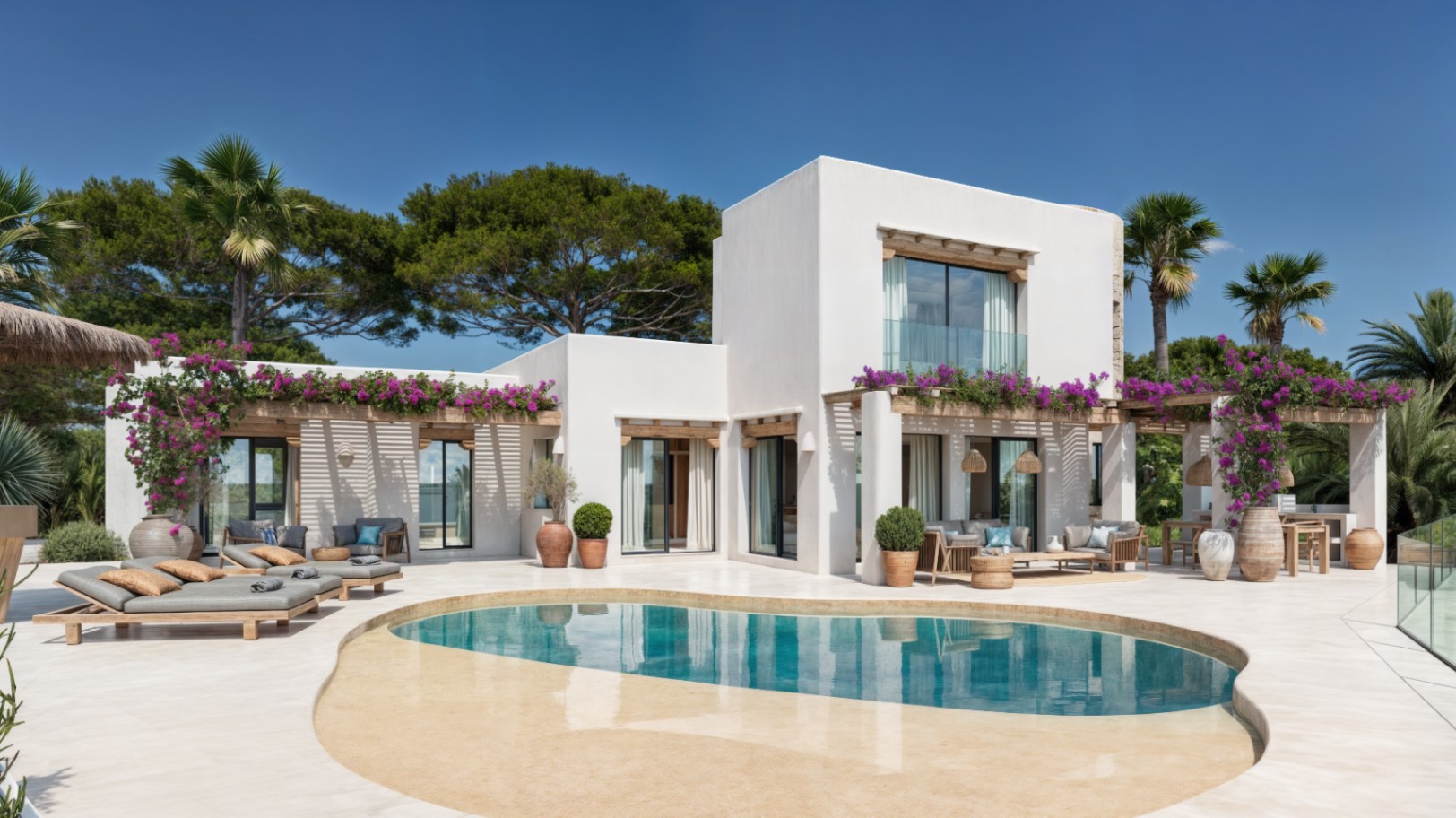 Villa de estilo ibicenco con fachada blanca, vigas de madera y pérgolas con buganvillas. Destaca la piscina de forma orgánica y las amplias terrazas con zonas de estar.