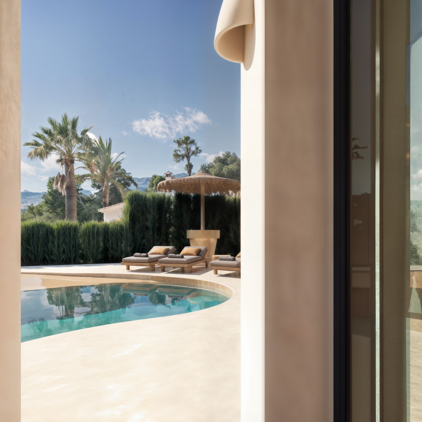 Vista desde el interior hacia la piscina de formas curvas, zona de solárium con hamacas y sombrilla de brezo, rodeada de vegetación mediterránea y vistas despejadas.