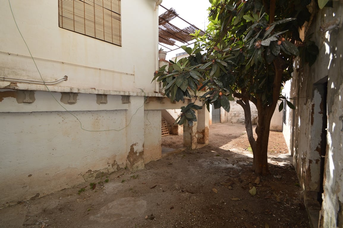 Patio interior privado con un níspero maduro, paredes encaladas y una zona cubierta bajo la terraza superior, ideal para un proyecto de reforma integral.