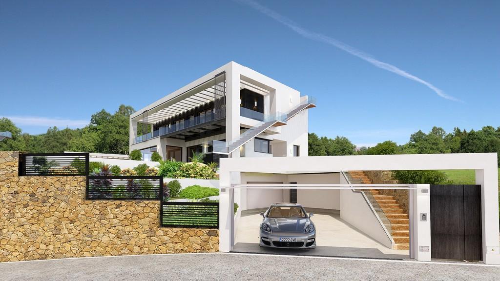 Fachada exterior de villa moderna con muros de piedra natural, garaje integrado y escaleras exteriores de diseño con barandillas de cristal y terrazas superiores.