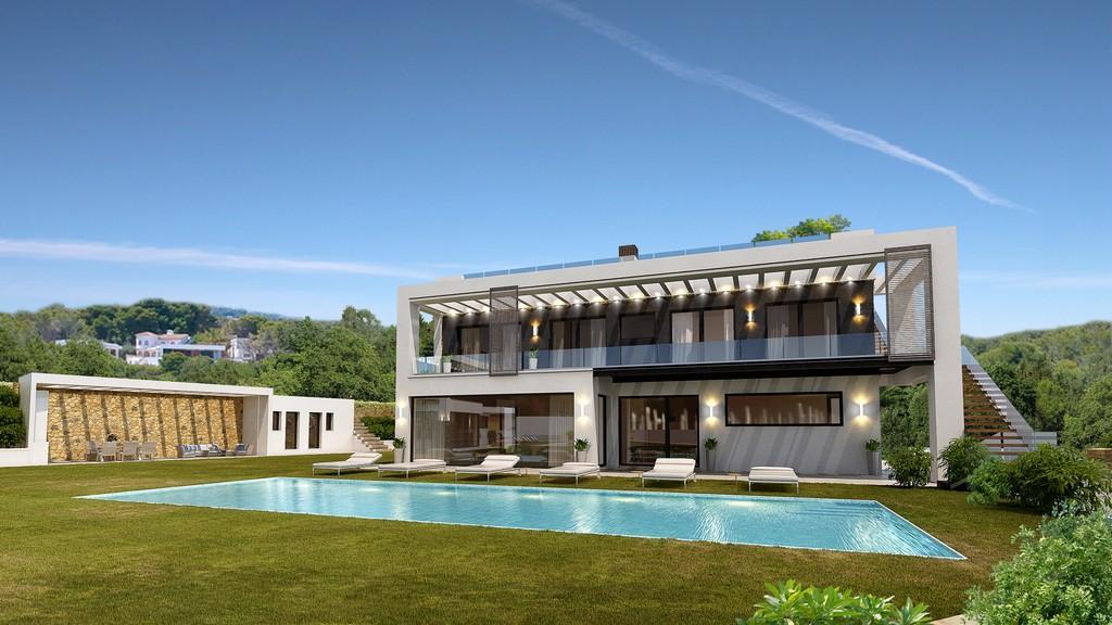 Render exterior de villa moderna con piscina rectangular, solárium de césped y terraza superior con barandillas de cristal y pérgola integrada.