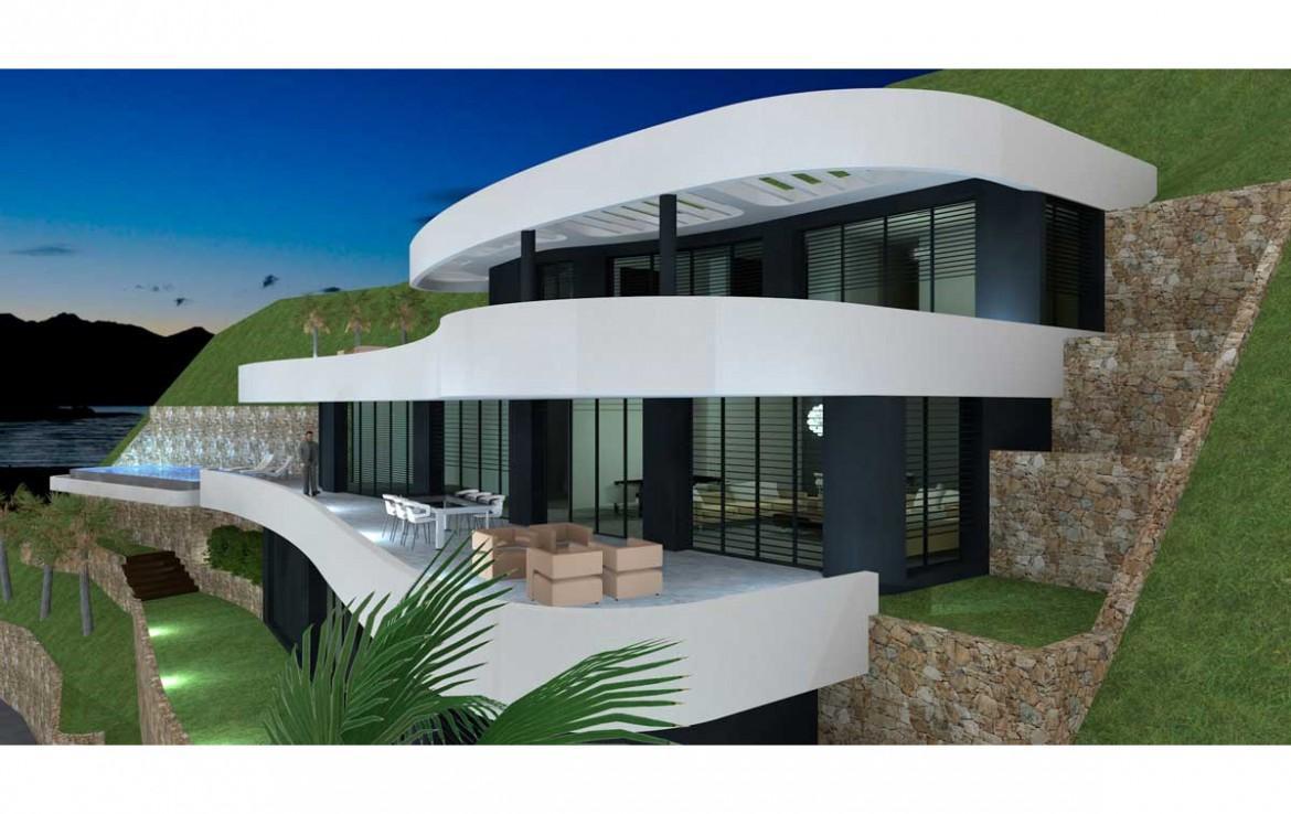 Fachada exterior de diseño curvo con amplias terrazas blancas, ventanales de suelo a techo y muros de piedra natural integrados en la ladera de Jávea.