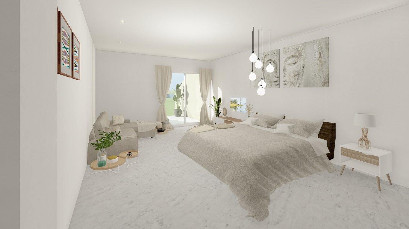 Suite de diseño con suelos de mármol, zona de estar y acceso a terraza privada. Cuenta con iluminación minimalista y una paleta cromática en tonos arena y blanco.