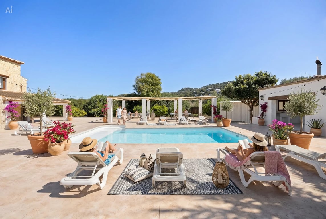 Amplia piscina de 5x10 m recientemente renovada, rodeada de una gran terraza con tumbonas, plantas mediterráneas en macetas y una pérgola con vistas despejadas.