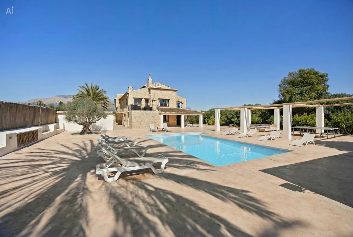 Piscina de 5x10 metros rodeada de una amplia terraza con tumbonas, pérgola blanca y vistas a la fachada de piedra de la villa bajo un cielo despejado.
