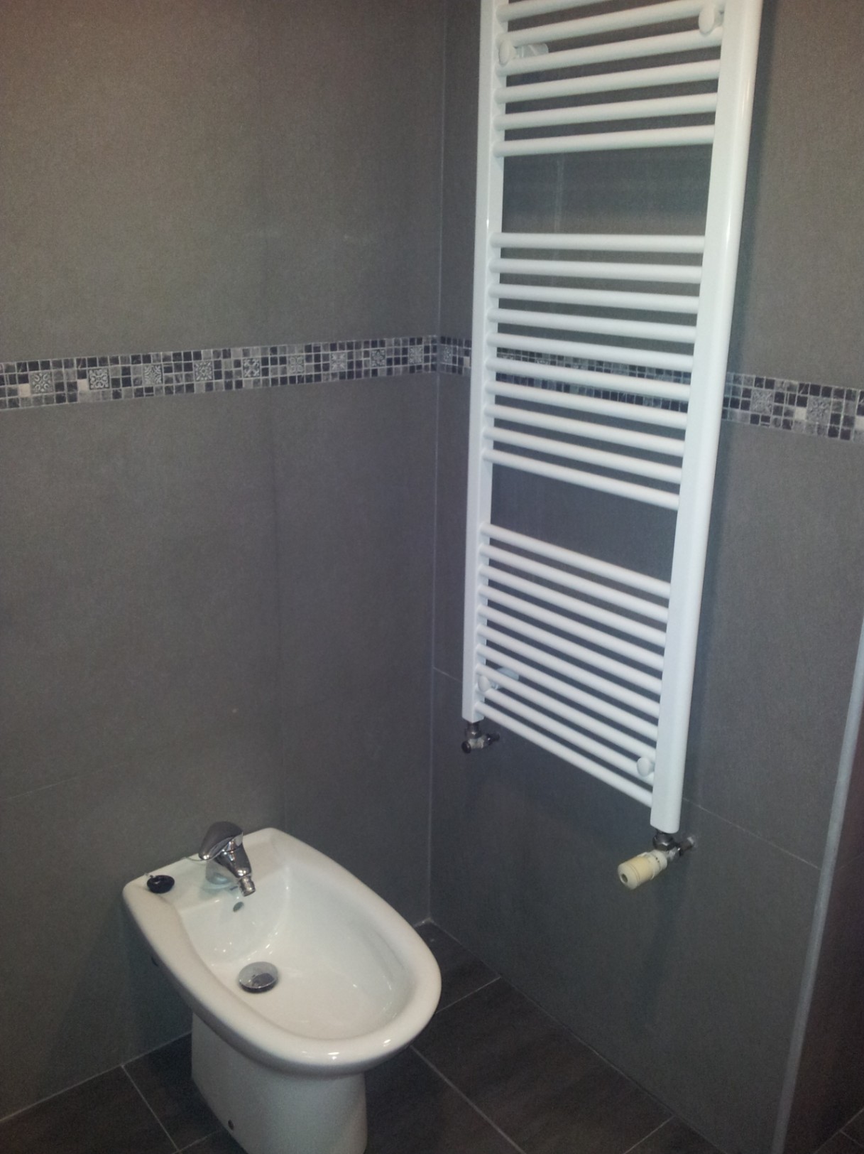Baño con bidé de porcelana blanca y radiador toallero de pared. Las paredes presentan azulejos grises de gran formato con una cenefa decorativa de mosaico.