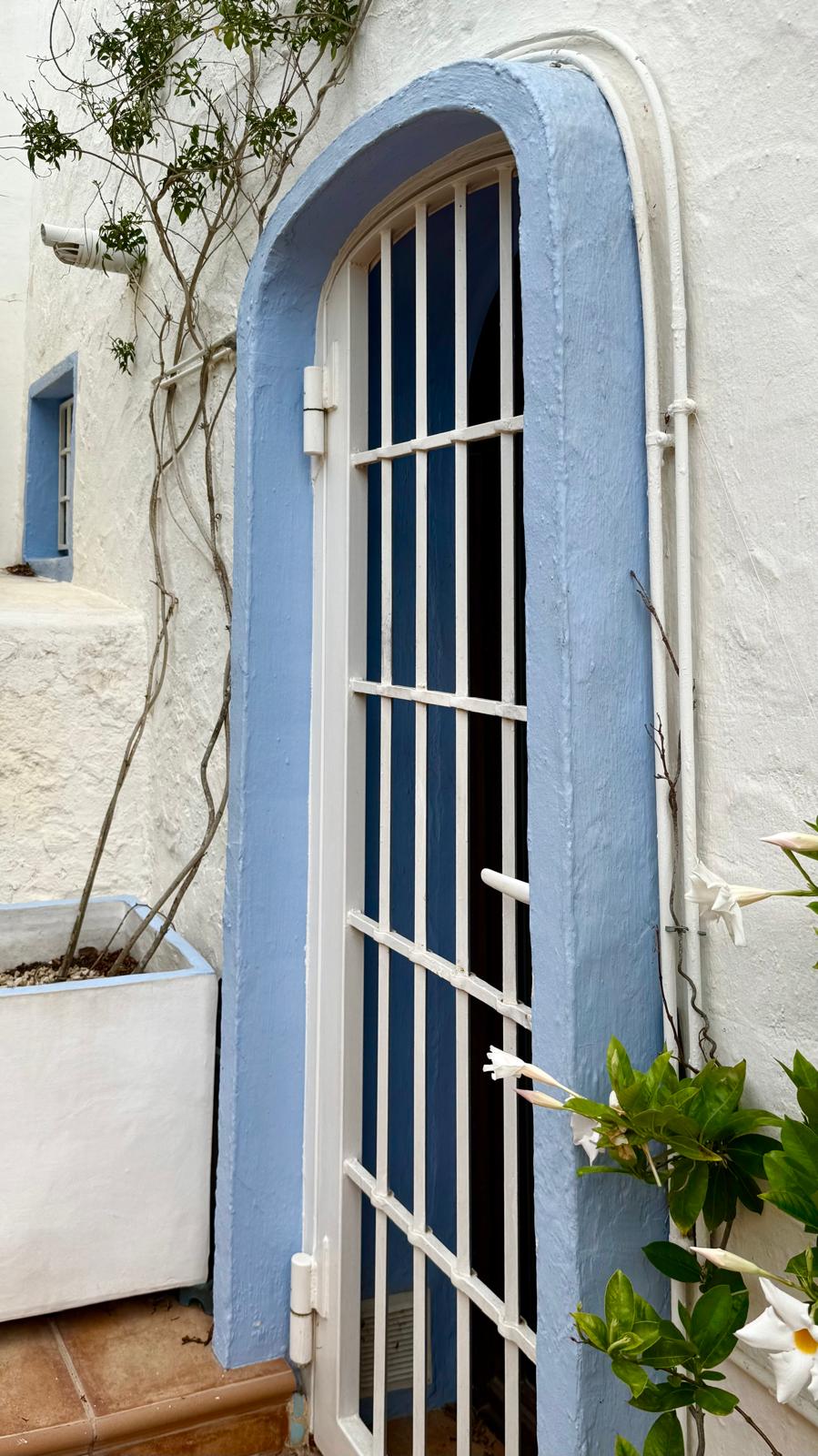 Puerta de arco con reja blanca y moldura azul celeste sobre fachada de estilo ibicenco, decorada con plantas trepadoras y jardineras integradas.