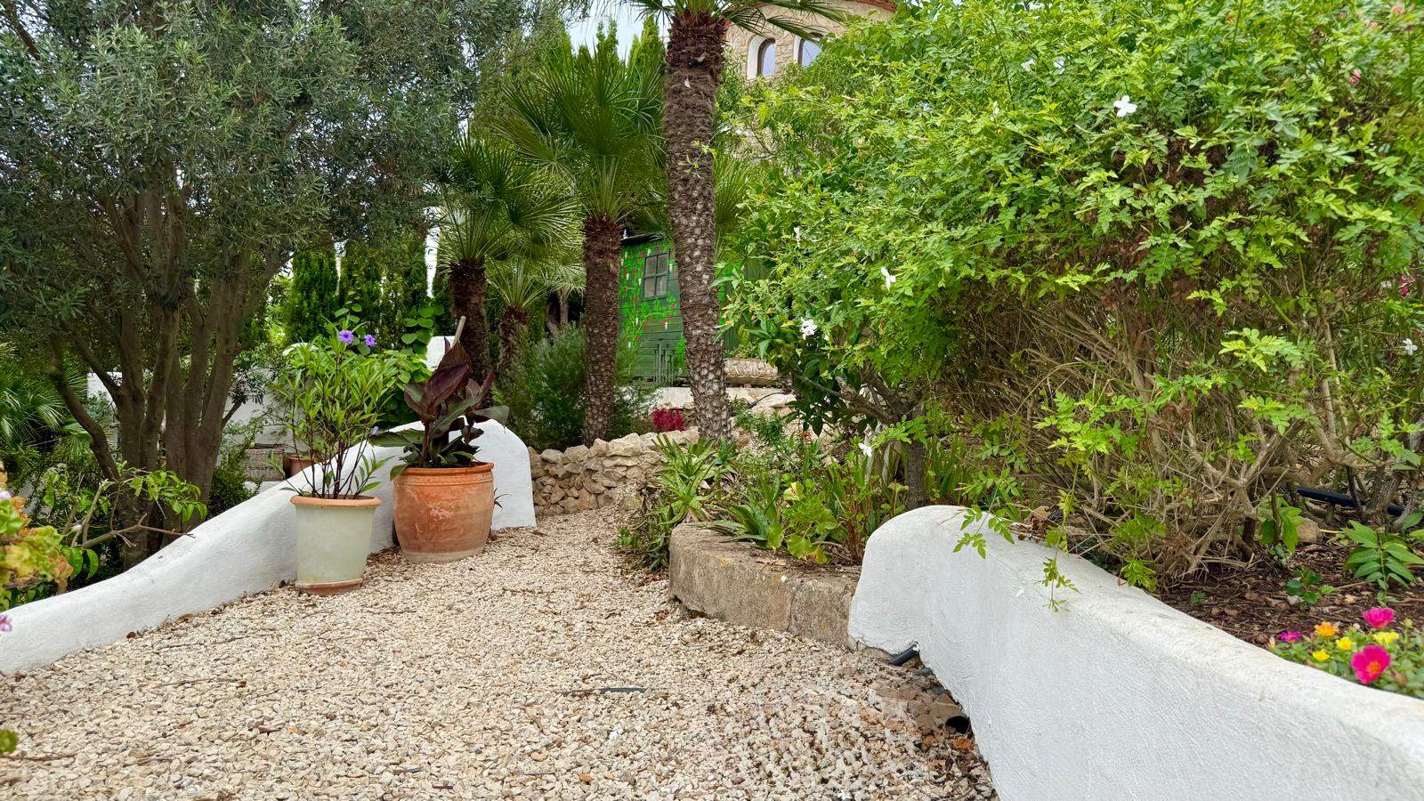 Sendero de grava en el jardín mediterráneo, delimitado por muretes blancos de estilo ibicenco, macetas de barro y una densa vegetación con palmeras y olivos.