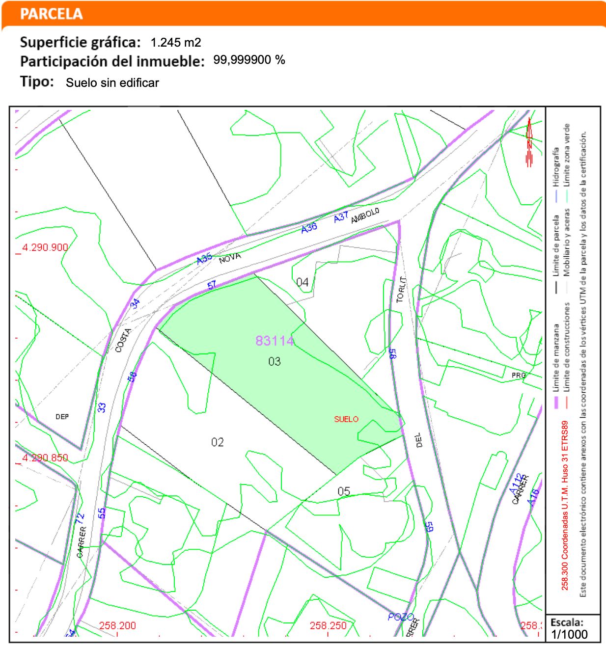 Plano catastral detallado de la parcela de 1.245 m2 en Jávea, mostrando su ubicación exacta, límites y acceso desde las calles Costa Nova y Ambolo.