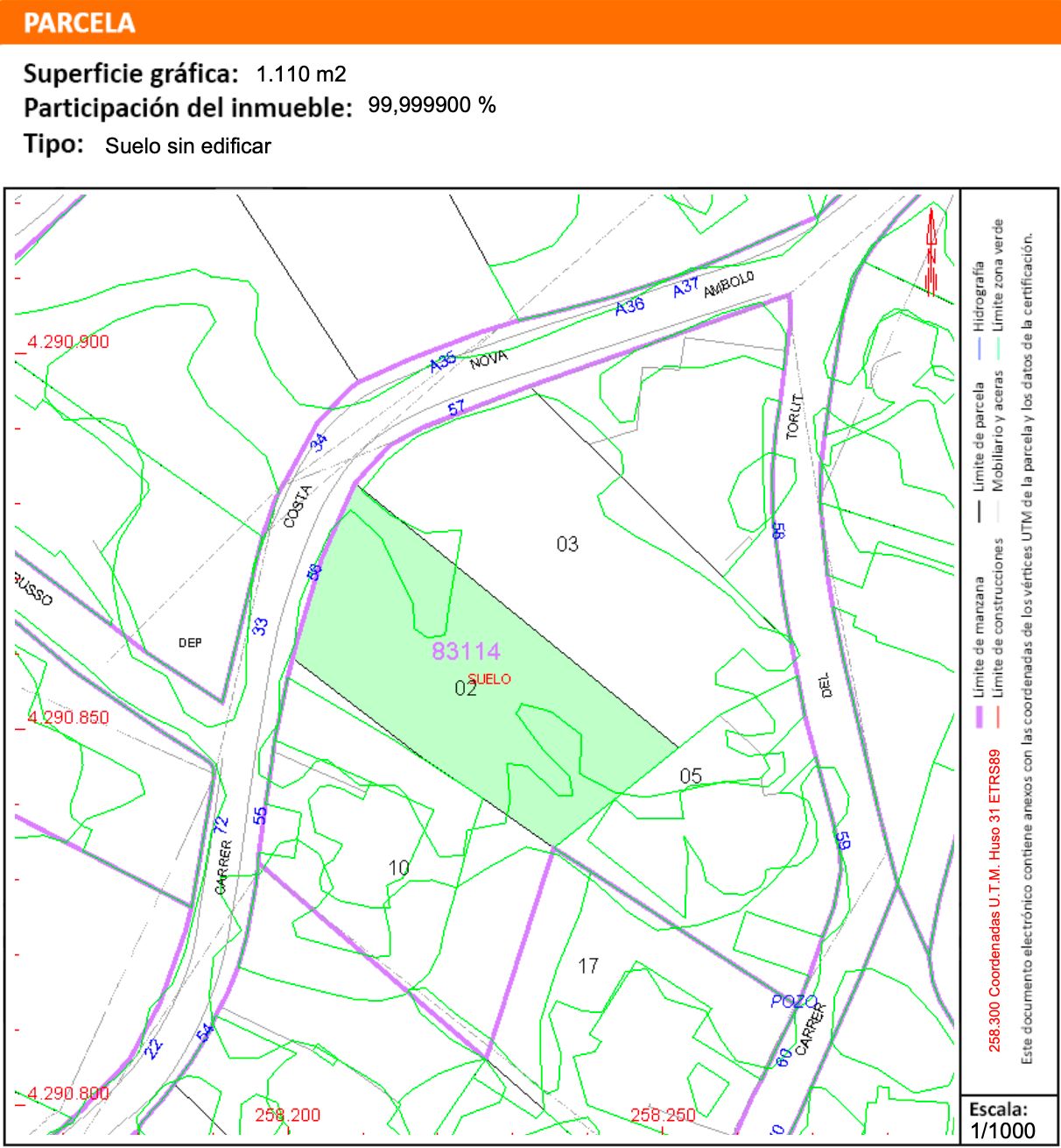Plano catastral técnico de la parcela de 1.110 m2 en Jávea, detallando linderos, accesos por viales y curvas de nivel del terreno sin edificar.