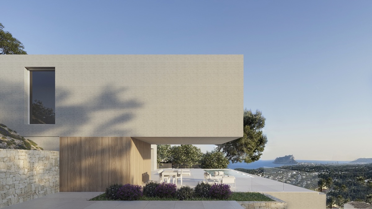Fachada minimalista con voladizo arquitectónico, detalles en madera y terraza con piscina. Ofrece vistas despejadas al mar y al Peñón de Ifach.