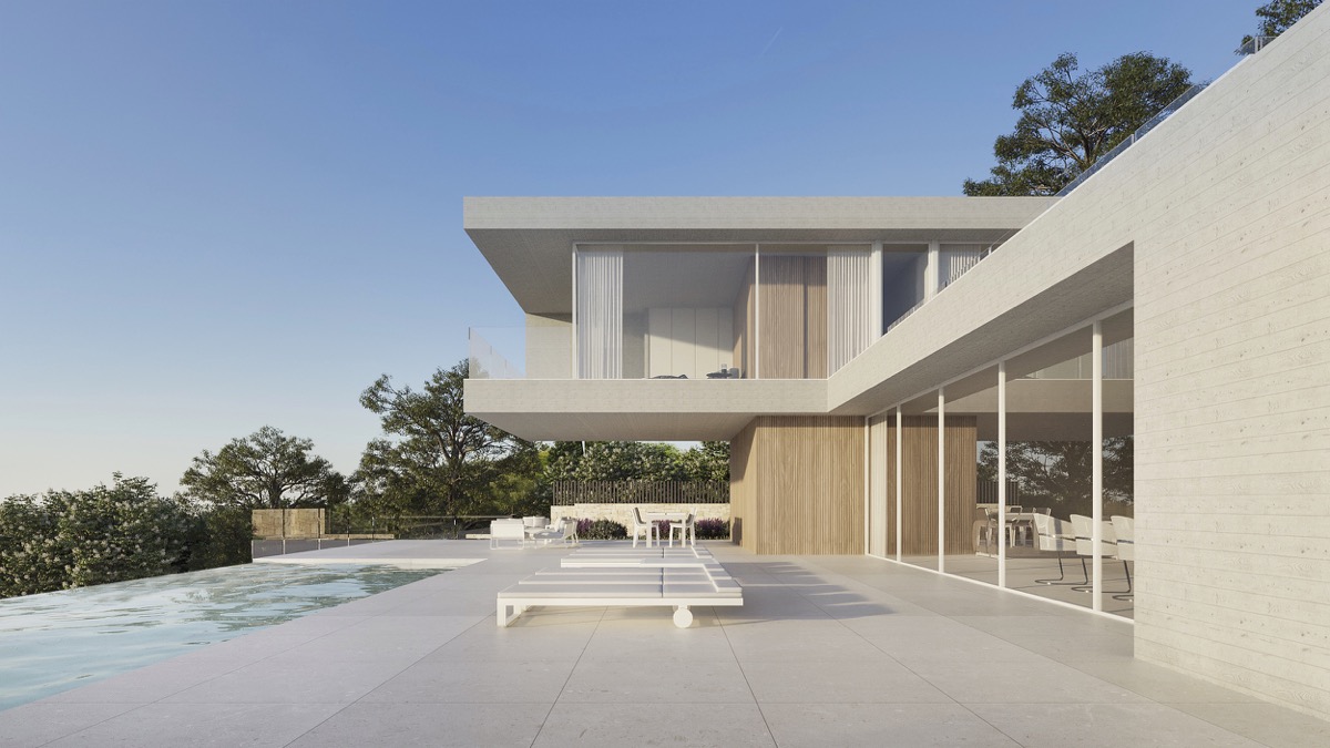 Fachada moderna con voladizo, revestimiento de madera y grandes ventanales frente a una terraza de piedra clara con piscina infinita y mobiliario exterior.