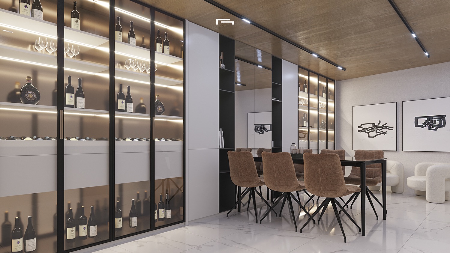 Bodega de diseño con vitrinas de cristal retroiluminadas, mesa de cata con sillas tapizadas y techos de madera con iluminación técnica integrada.
