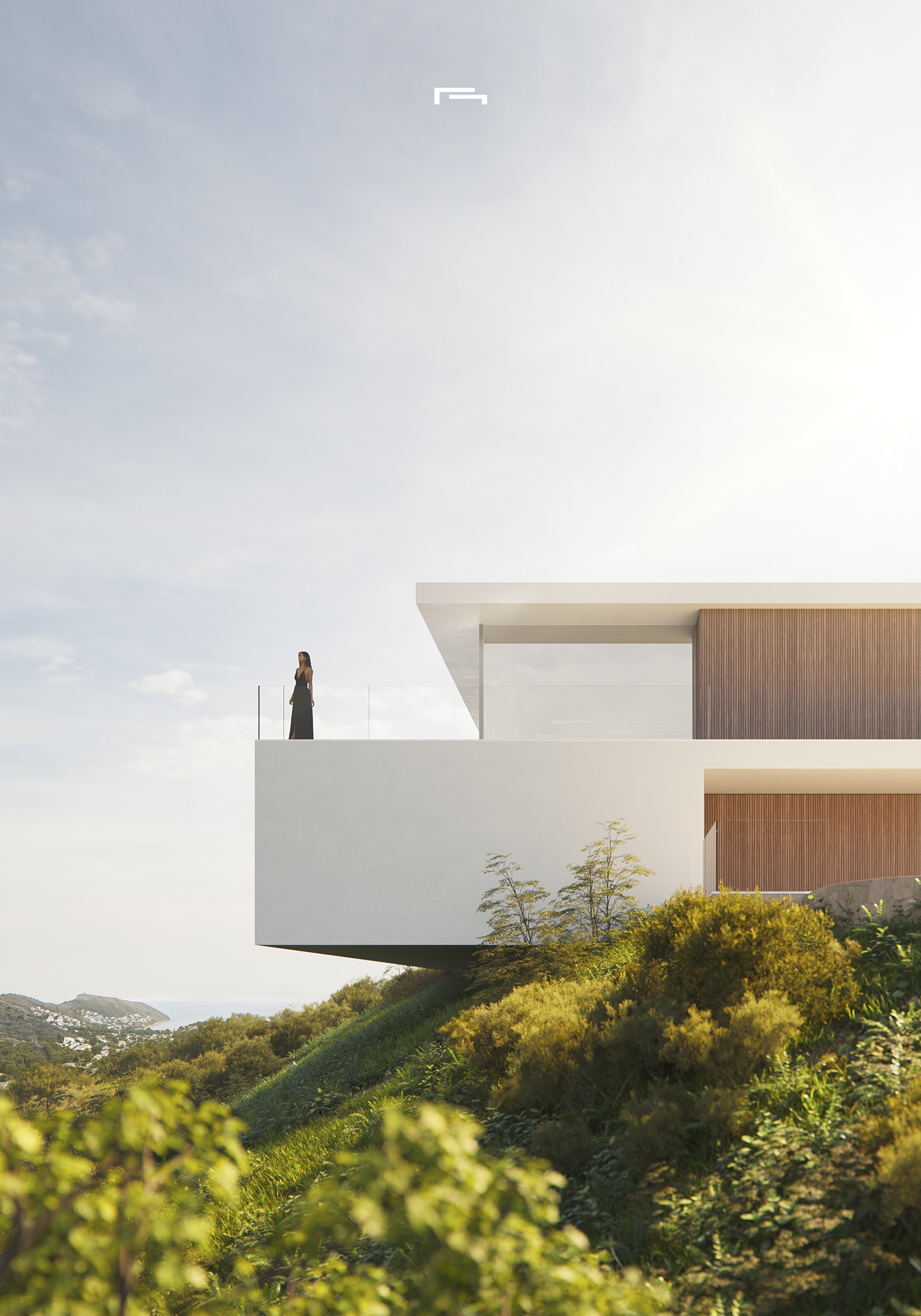 Fachada minimalista con voladizos blancos y listones de madera, situada sobre una colina con vistas panorámicas al mar y vegetación mediterránea.