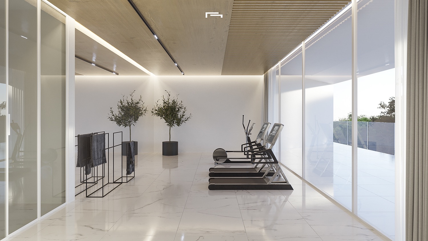 Gimnasio privado con suelos de mármol blanco, techos panelados en madera y grandes ventanales. Equipado con cintas de correr y una iluminación LED integrada.