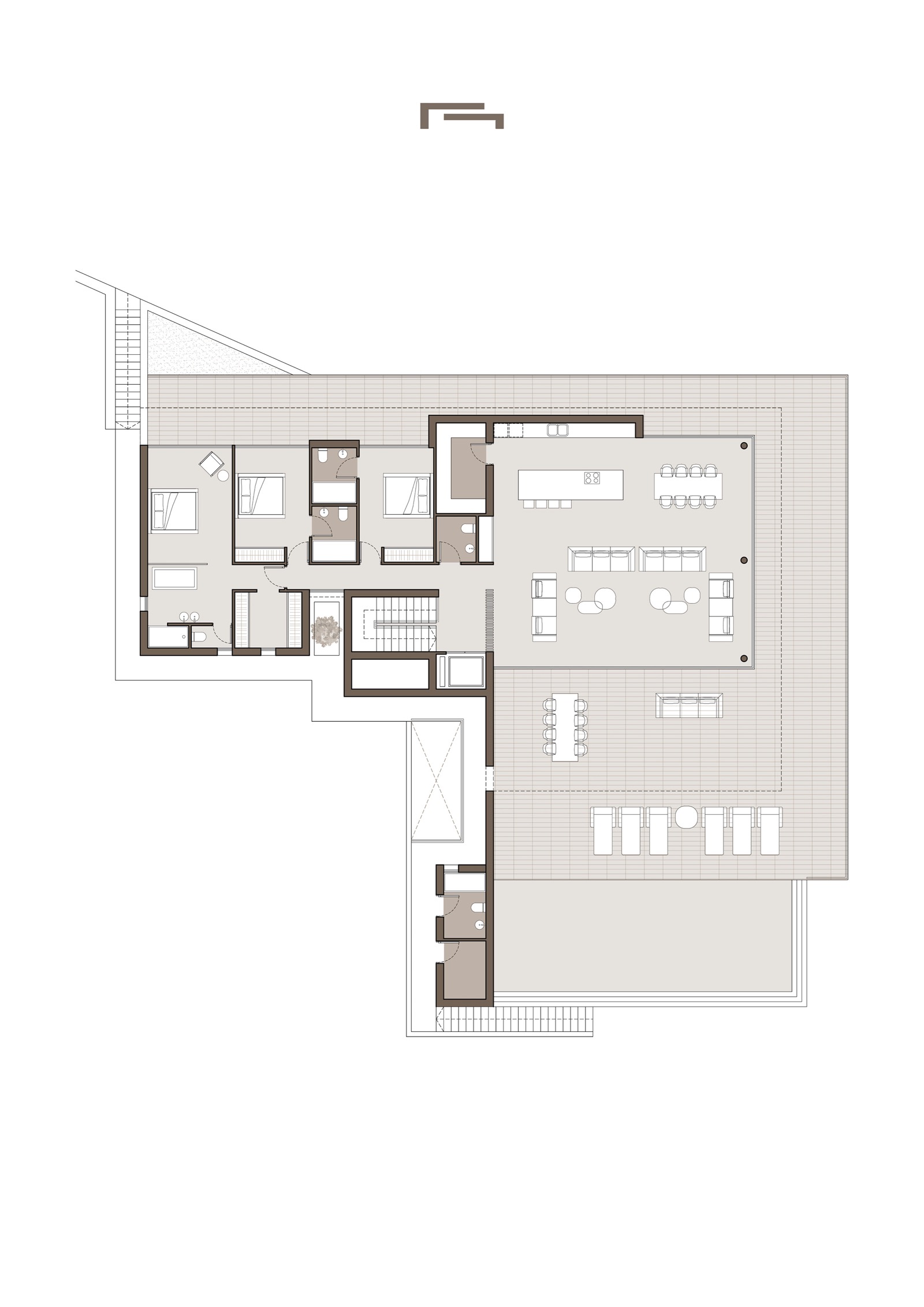 Plano detallado de la planta alta que muestra el salón-comedor con cocina abierta, tres dormitorios con baño en suite y una amplia terraza con piscina desbordante.