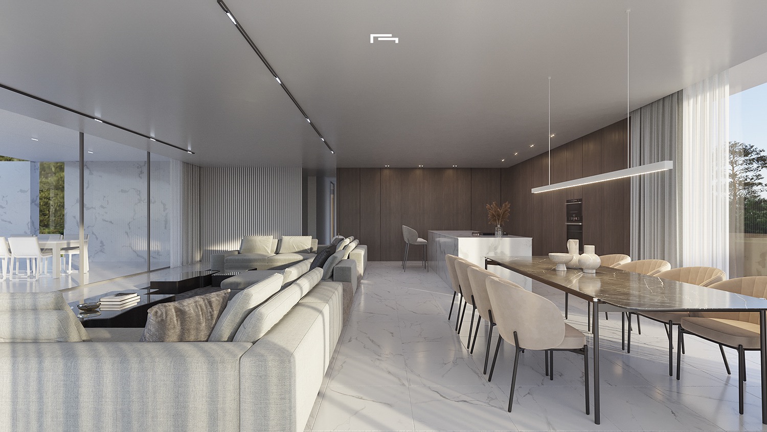 Salón comedor de concepto abierto con suelos de mármol, paneles de madera oscura y grandes ventanales que integran el interior con la terraza.