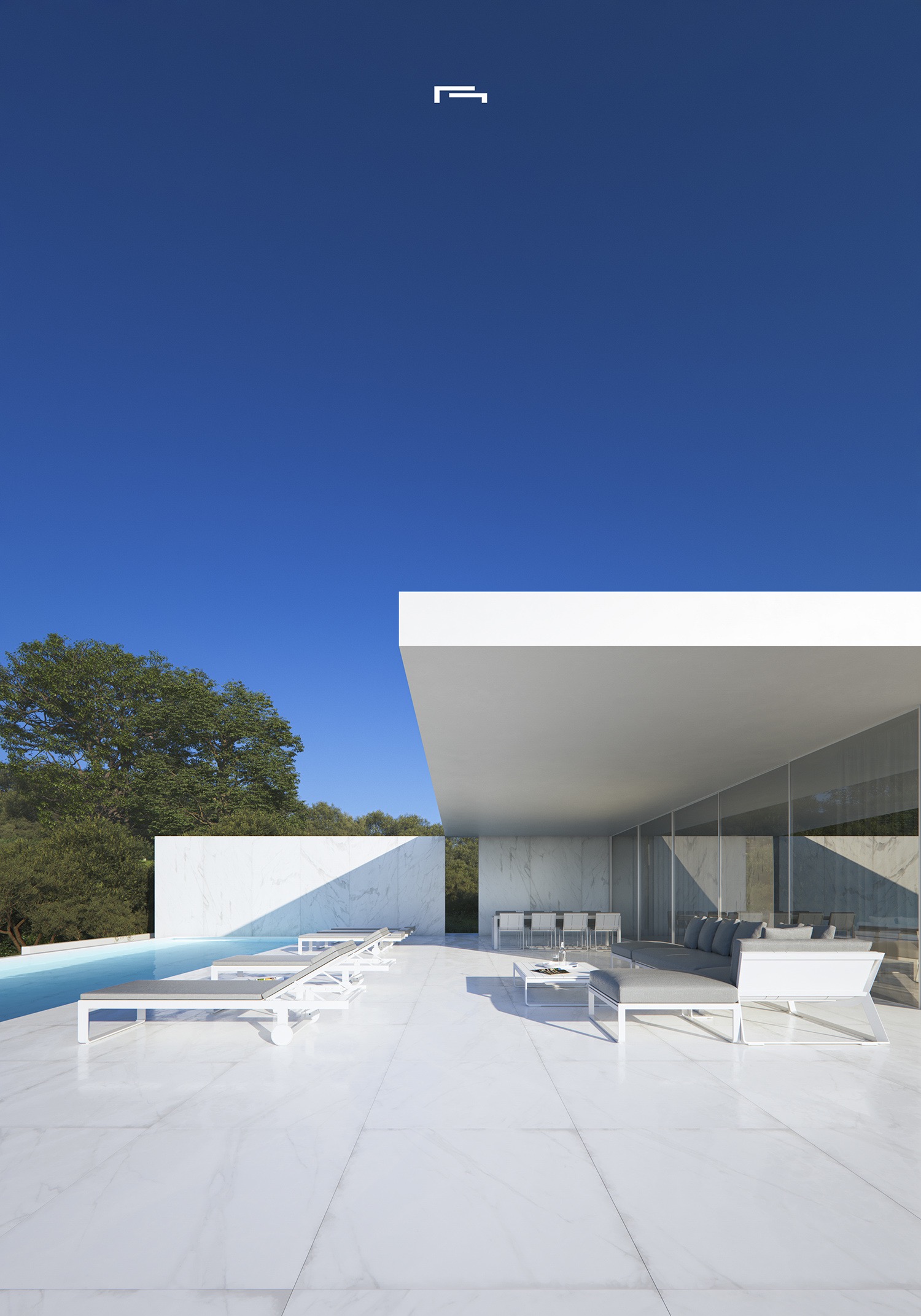 Terraza principal con suelo de mármol blanco, mobiliario de diseño exterior y piscina infinita bajo un gran voladizo arquitectónico minimalista.