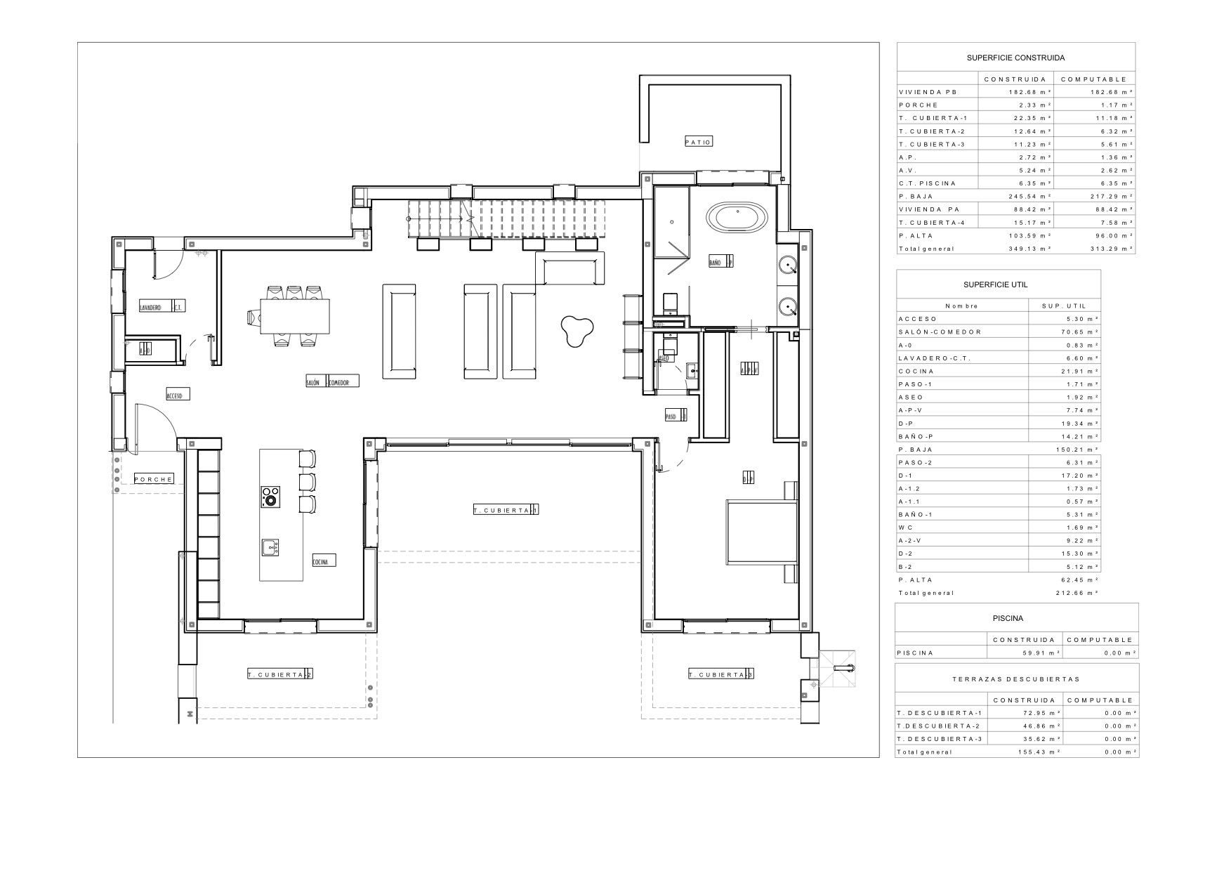 Plano arquitectónico de la planta baja, que muestra la distribución de la cocina, el salón-comedor y el patio.